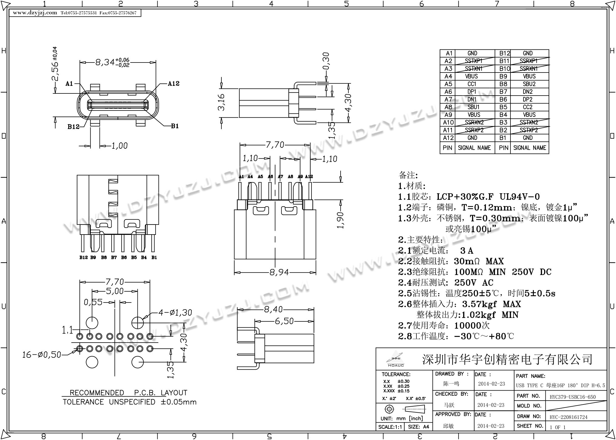 USB TYPE C 母座16P 180°DIP H=6.5-电子元件之家